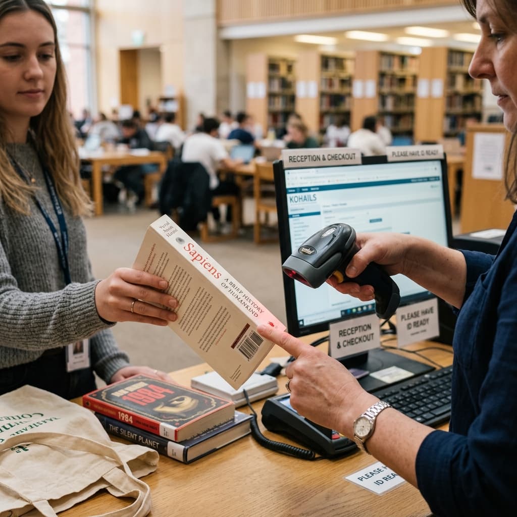 Student checking out books using a barcode reader at the library counter