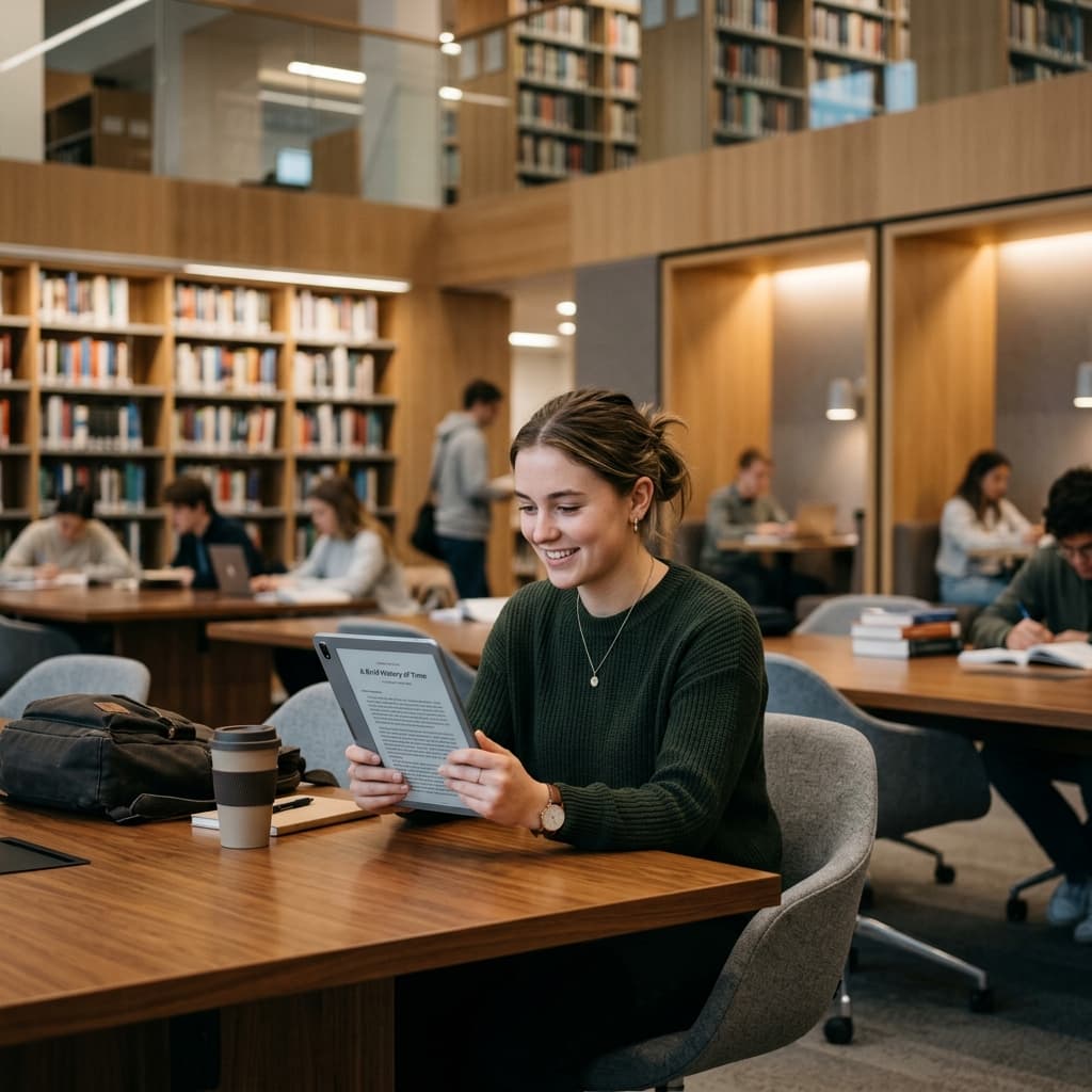 Student reading an eBook on a tablet in a modern campus library study zone