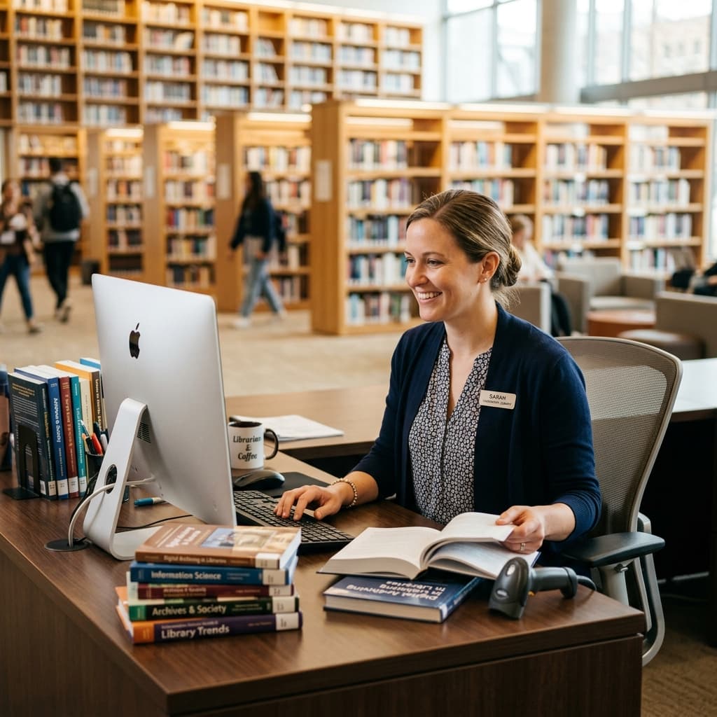 Librarian cataloging book collections using UniShelf LMS software